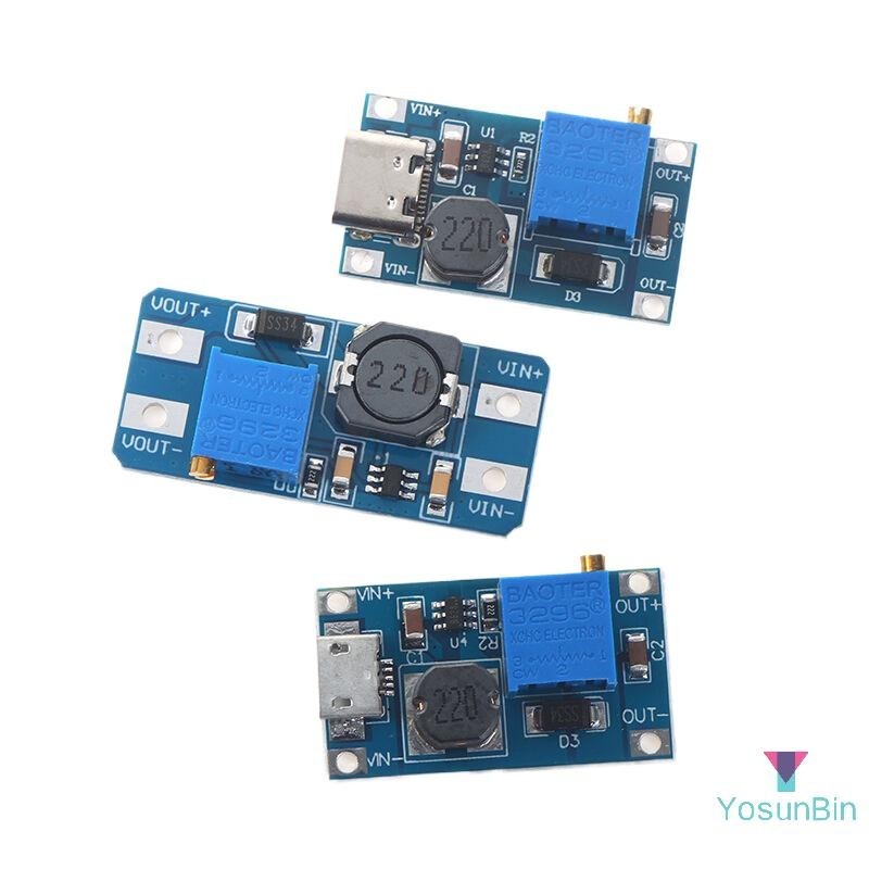 Yosunbin 1 ชิ้น MT3608 ปรับ Step Up โมดูลแรงดันไฟฟ้า Micro USB Typec ปลั๊ก 2 โวลต์24 โวลต์ถึง 5 โวลต์28 โวลต์ 2A Boost แผ่น Step Up โมดูลใหม่