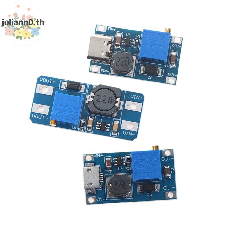 Joliann0 1 PC MT3608 ปรับ Step Up โมดูลแรงดันไฟฟ้า Micro USB Typec ปลั๊ก 2 V24 V ถึง 5 V28 V 2A Boost แผ่น Step Up โมดูล th