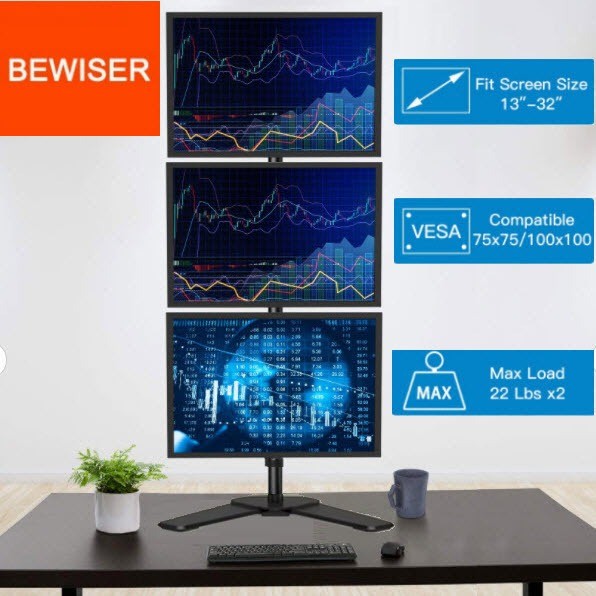 BEWISER MV3 ขาตั้งคอม 3 จอแนวตั้ง เสา81ซมเพิ่มถาดวางโน๊ตบุ๊คได้ ปรับสูงอิสระ ฐานตั้งโต๊ะหรือยึดขอบโต๊ะ 3 Monitor Stand